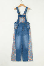 Load image into Gallery viewer, Peacock Blue Floral Patchwork Bib Denim Wide Leg Overalls