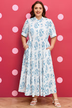 Load image into Gallery viewer, Sky Blue Plus Size Geometric Floral Print Button Split Neck Short Sleeve Maxi Dress