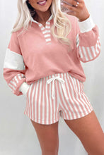 Load image into Gallery viewer, Black Striped Color Block Pullover Top Drawstring Shorts Set