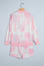 Load image into Gallery viewer, Light Pink Patchwork Floral Print Drop Shoulder Baggy Pullover Drawstring Shorts Set