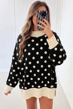 Load image into Gallery viewer, Red Polka Dot Pattern Ribbed Colorblock Trim Split Tunic Sweater