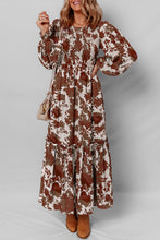 Load image into Gallery viewer, Chestnut Floral Puff Sleeve Smocked Bodice Ruffled Long Dress