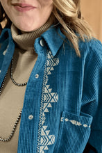Load image into Gallery viewer, Blue Embroidered Corduroy V-Neck Long Sleeve Plus Size Shirt