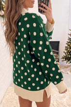 Load image into Gallery viewer, Green Polka Dot Pattern Ribbed Colorblock Trim Split Tunic Sweater