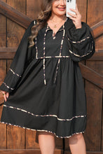 Load image into Gallery viewer, Black Plus Size Long Sleeve Leopard Contrasted Trim Tie Neck Flared Mini Dress
