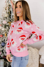 Load image into Gallery viewer, Pink Cartoon Santa Pattern Round Neck Dropped Shoulder Sweater