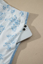 Load image into Gallery viewer, Sky Blue Floral Print Striped Detail Long Sleeve Top Ruffle Hem Shorts 2pcs Set