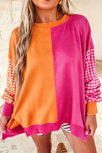 Load image into Gallery viewer, Rose Red Colorblock Gingham Sleeve Crewneck Sweatshirt
