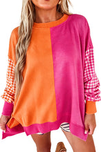 Load image into Gallery viewer, Rose Red Colorblock Gingham Sleeve Crewneck Sweatshirt