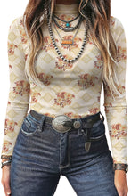 Load image into Gallery viewer, Apricot Floral Print Slim Fit Mesh Long Sleeve Mock Neck Top
