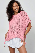 Load image into Gallery viewer, Pink Plus Size Open Knit Bow Tie Short Sleeve Sweater