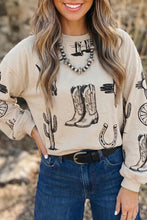 Load image into Gallery viewer, Khaki Western Print Long Sleeve Round Neck Loose Top