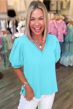 Load image into Gallery viewer, Turquoise Solid Color V Neck Short Puff Sleeve Blouse