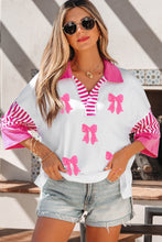 Load image into Gallery viewer, White Sequin Bow Pattern Striped Color Block Collar Half Sleeve Shift Top