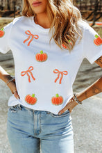 Load image into Gallery viewer, White Sequin Chenille Pumpkin Bow Pattern Casual Short T Shirt