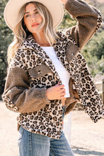 Load image into Gallery viewer, Brown Sherpa Leopard Print Flap Pocket Collared Button Up Jacket
