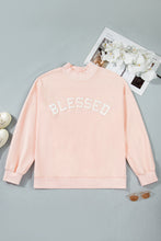 Load image into Gallery viewer, Light Pink BLESSED Embroidered Trim Patch Graphic Plus Size Mock Neck Sweatshirt