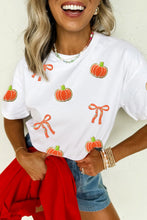 Load image into Gallery viewer, White Sequin Chenille Pumpkin Bow Pattern Casual Short T Shirt