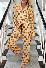 Load image into Gallery viewer, Orange Halloween Pumpkin Print Two Piece Long Sleeve Lounge Set