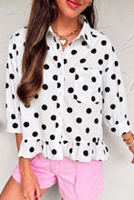 Load image into Gallery viewer, White Polka Dot Print Three Quarter Sleeve Ruffle Hem Casual Shirt