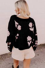 Load image into Gallery viewer, Black Floral Pattern Puff Sleeve Dropped Shoulder Pullover Sweater