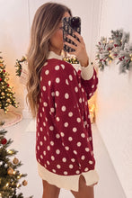 Load image into Gallery viewer, Red Polka Dot Pattern Ribbed Colorblock Trim Split Tunic Sweater