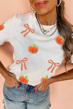 Load image into Gallery viewer, White Sequin Chenille Pumpkin Bow Pattern Casual Short T Shirt