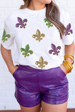 Load image into Gallery viewer, White Mardi Gras Fleur De Lis Sequin Graphic T Shirt