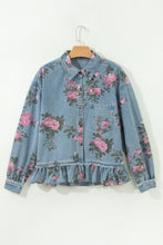Load image into Gallery viewer, Sky Blue Floral Print Raw Seam Ruffle Hem Denim Jacket
