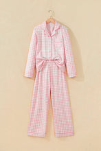 Load image into Gallery viewer, Pink Gingham Long Sleeve Lapel Shirt 2pcs Pajama Pant Set