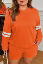 Load image into Gallery viewer, Orange Plus Size Varsity Striped Drop Shoulder Pullover Drawstring Elastic Waistband Short Set