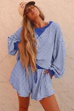 Load image into Gallery viewer, Blue Stripe Oversized Long Sleeve Top Drawstring Loose Shorts 2pcs Set