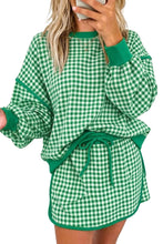 Load image into Gallery viewer, Green Gingham Oversized Ribbed Trim Crew Neck Long Sleeve Top and Skort Set