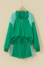 Load image into Gallery viewer, Fiery Red Plaid Patchwork Half Zip Pullover Drawstring Short Set