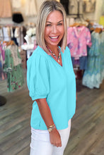 Load image into Gallery viewer, Turquoise Solid Color V Neck Short Puff Sleeve Blouse