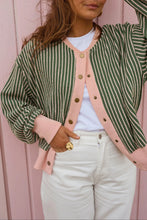 Load image into Gallery viewer, Green Stripe Striped V Neck Patchwork Long Sleeve Regular Fit Cardigan