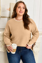Load image into Gallery viewer, Tan Plus Size Leopard Bow Decor Split Cuffs Loose Sweater