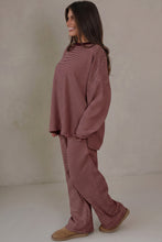 Load image into Gallery viewer, Beige Stripe Contrast Trim Round Neck Oversize Long Sleeve Top 2pcs Pant Set