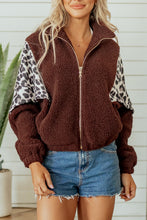 Load image into Gallery viewer, Coffee Leopard Patchwork Fleece Western Style Zip-up Collar Jacket