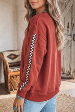 Load image into Gallery viewer, Mineral Red Checkered Trim Long Sleeve Round Neck Shift Sweatshirt