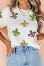 Load image into Gallery viewer, White Mardi Gras Fleur De Lis Sequin Graphic T Shirt