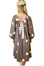 Load image into Gallery viewer, Brown Polka Dot Contrast Bow Knot Back Long Sleeve Midi Dress