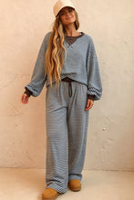Load image into Gallery viewer, Brown Stripe Drop Shoulder Loose Top and Pants Two Piece Set