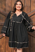 Load image into Gallery viewer, Black Plus Size Long Sleeve Leopard Contrasted Trim Tie Neck Flared Mini Dress