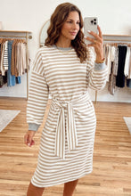 Load image into Gallery viewer, Khaki Stripe Striped Colorblock Cuffs Round Neck Long Sleeve Shift Dress