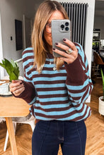 Load image into Gallery viewer, Brown Stripe Color Block Loose Crew Neck Cuffed Sweater