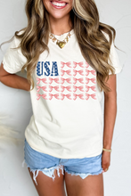Load image into Gallery viewer, White USA Flag Bow Knot Print Round Neck T Shirt