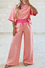 Load image into Gallery viewer, Pink Stripe Colorblock Trim Crew Neck Loose Tee Drawstring Elastic Waist 2pcs Pant Set