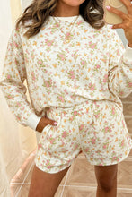 Load image into Gallery viewer, Beige Floral Print Long Sleeve Shift Top Pocketed Shorts 2pcs Set