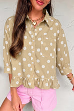 Load image into Gallery viewer, White Polka Dot Print Three Quarter Sleeve Ruffle Hem Casual Shirt